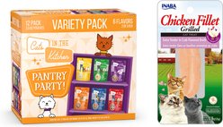 Inaba Grain-Free Grilled Chicken Fillet Extra Tender in Crab Flavored Broth Cat Treat, 0.9-oz pouch + Weruva Cats in the Kitchen Variety Pack Grain-Free Cat Food Pouches, 3-oz, case of 12