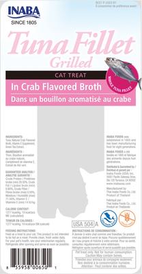 Show full view: Inaba Grain-Free Grilled Tuna Fillet in Crab Flavored Broth Cat Treat, 0.52-oz pouch, pack of 6 slide 3 of 11