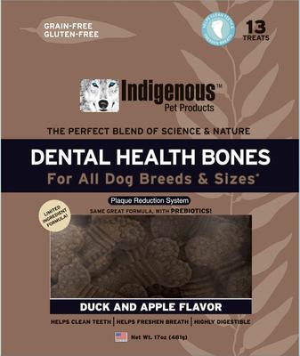 Show full view: Indigenous Pet Products Dental Health Bones Duck & Apple Flavor Dog Treats, 13 count slide 1 of 4