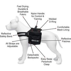 Industrial Puppy Reflective Service Dog Harness & Detachable Backpacks, Black, Large: 27 to 33.5-in chest
