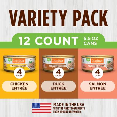Show full view: Instinct Chicken, Duck & Salmon Entree Variety Pack Grain-Free Flaked Wet Cat Food, 5.5-oz can, case of 12 slide 6 of 10