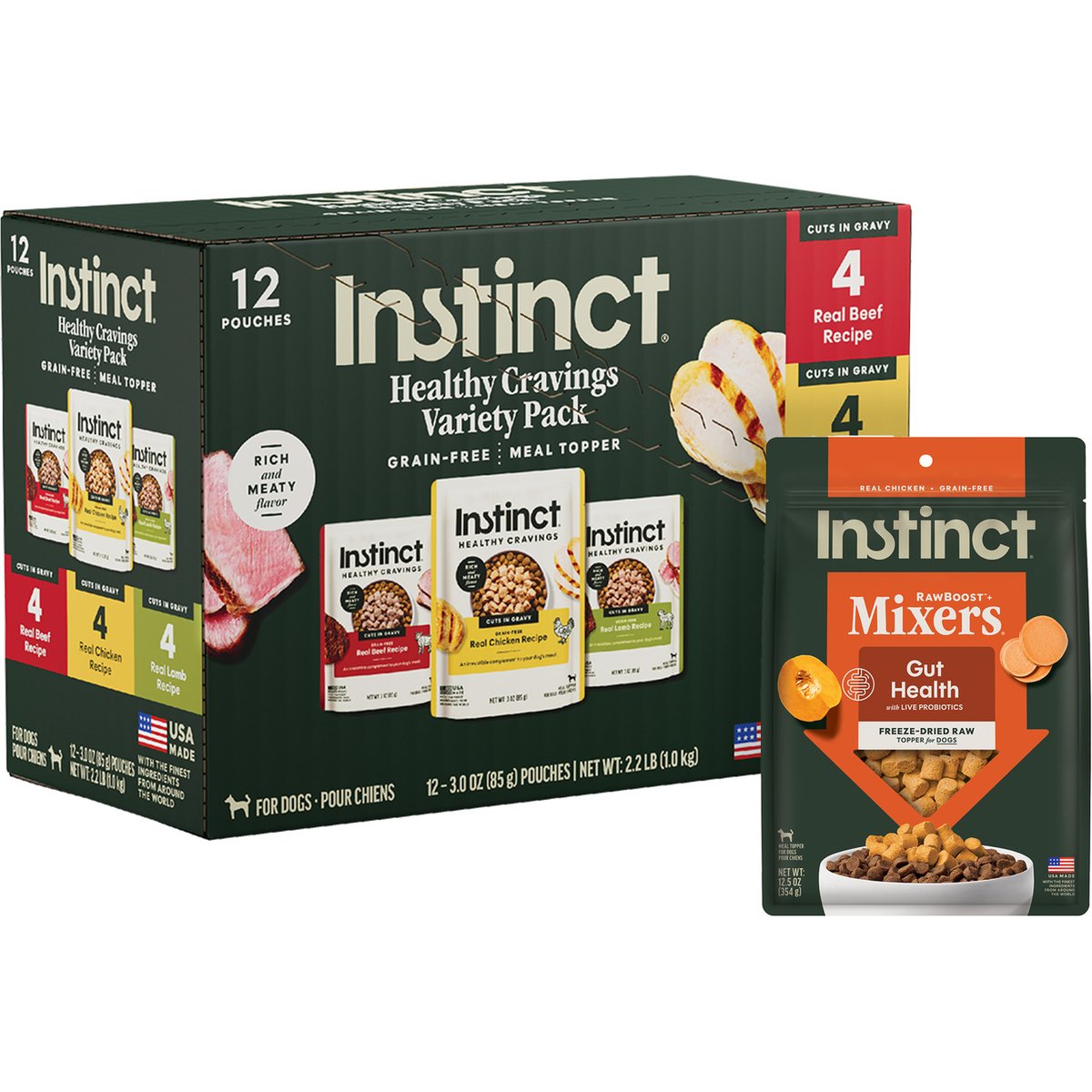 Instinct Freeze-Dried Raw Boost Mixers Gut Health Recipe + Healthy Cravings Cuts & Gravy Recipe Variety Pack Wet Dog Food Topper