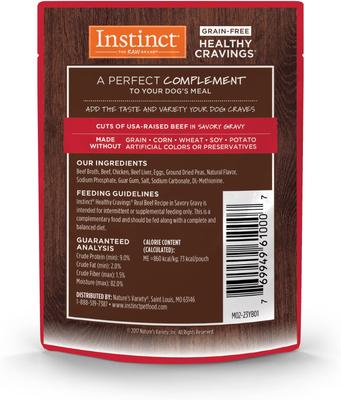 Show full view: Instinct Healthy Cravings Real Beef Recipe in Savory Gravy Grain-Free Wet Dog Food Topper, 3-oz pouch, case of 24 slide 3 of 12