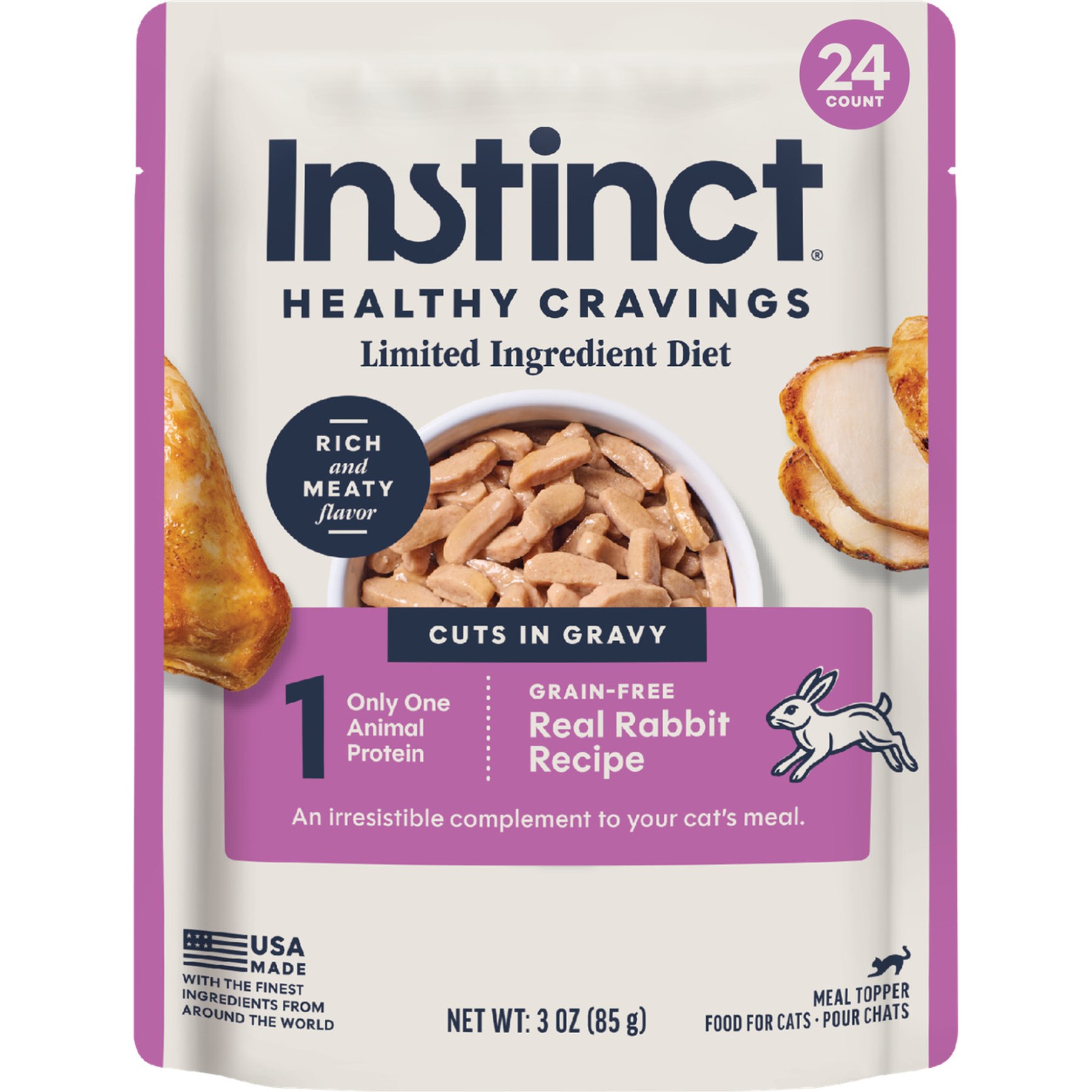 Instinct Limited Ingredient Diet Real Rabbit Recipe in Savory Gravy Grain-Free Wet Cat Food Topper, 3-oz pouch, bundle of 48