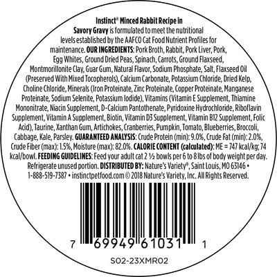 Show full view: Instinct Minced Real Rabbit Recipe in Savory Gravy Grain-Free Minced Wet Cat Food, 3.5-oz cup, case of 12 slide 3 of 11