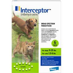 Interceptor Flavored Tablet for Dogs, 11-25 lbs, & Cats, 1.5-6 lbs, (Green Box), 6 Flavored Tablets (6-mos. supply)