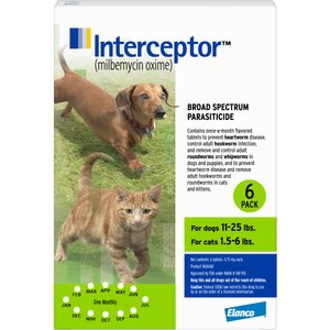 Interceptor Flavored Tablet for Dogs, 11-25 lbs, & Cats, 1.5-6 lbs, (Green Box), 6 Flavored Tablets (6-mos. supply)