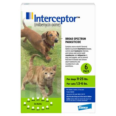 Show full view: Interceptor Flavored Tablet for Dogs, 11-25 lbs, & Cats, 1.5-6 lbs, (Green Box), 6 Flavored Tablets (6-mos. supply) slide 1 of 5