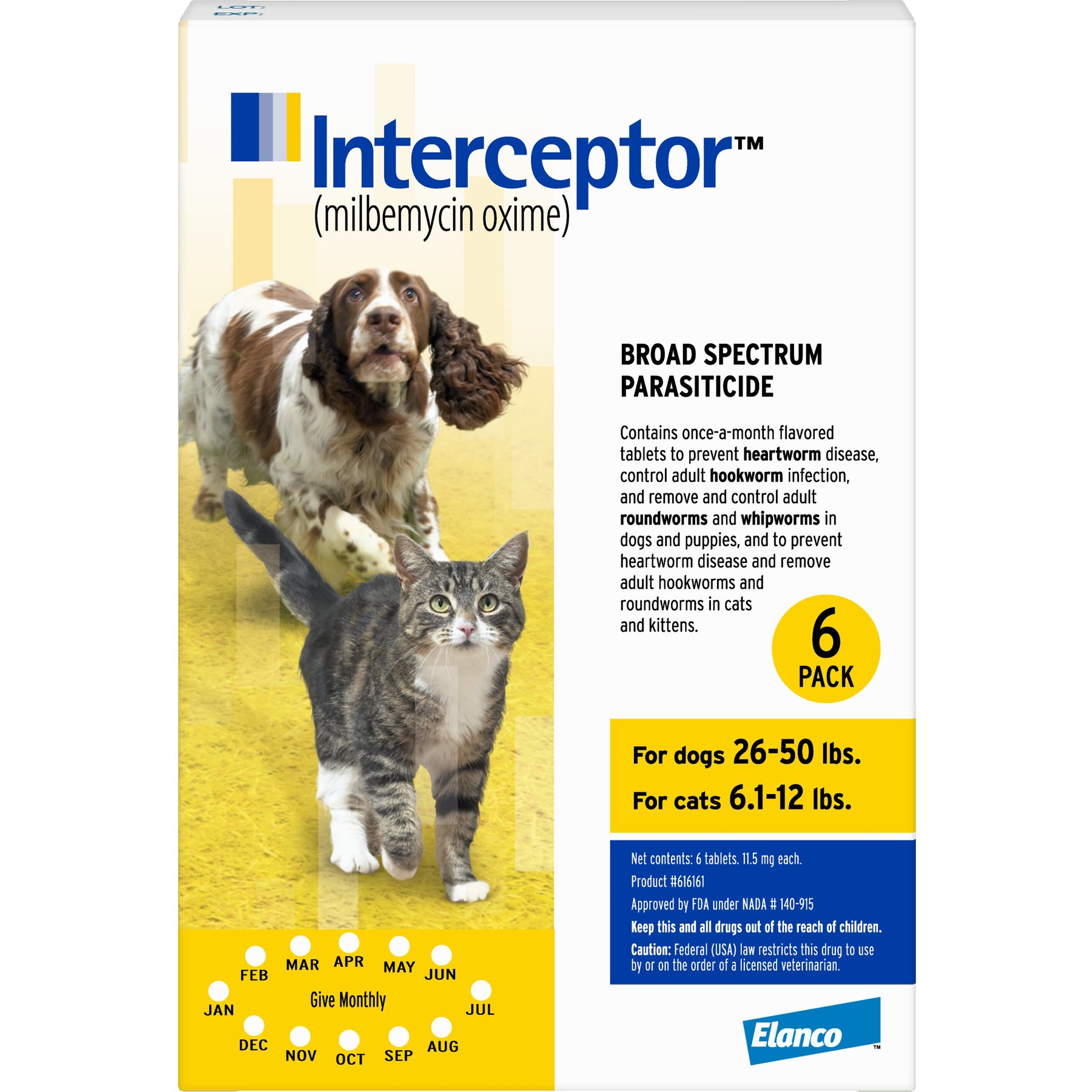 Interceptor 11.5 mb Milbemycin Oxime Tablets for Dogs 26-50 lbs & Cats 6.1-12 lbs, 6 treatments