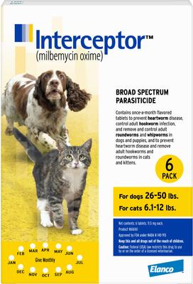Interceptor Chewable Tablet for Dogs, 26-50 lbs, & Cats, 6.1-12 lbs, (Yellow Box)