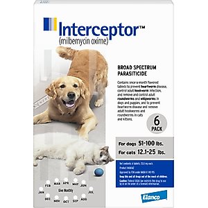Interceptor Flavored Tablet for Dogs, 51-100 lbs, & Cats, 12.1-25 lbs, (White Box), 6 Flavored Tablets (6-mos. supply)