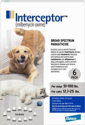 Interceptor Flavored Tablet for Dogs, 51-100 lbs, & Cats, 12.1-25 lbs, (White Box)