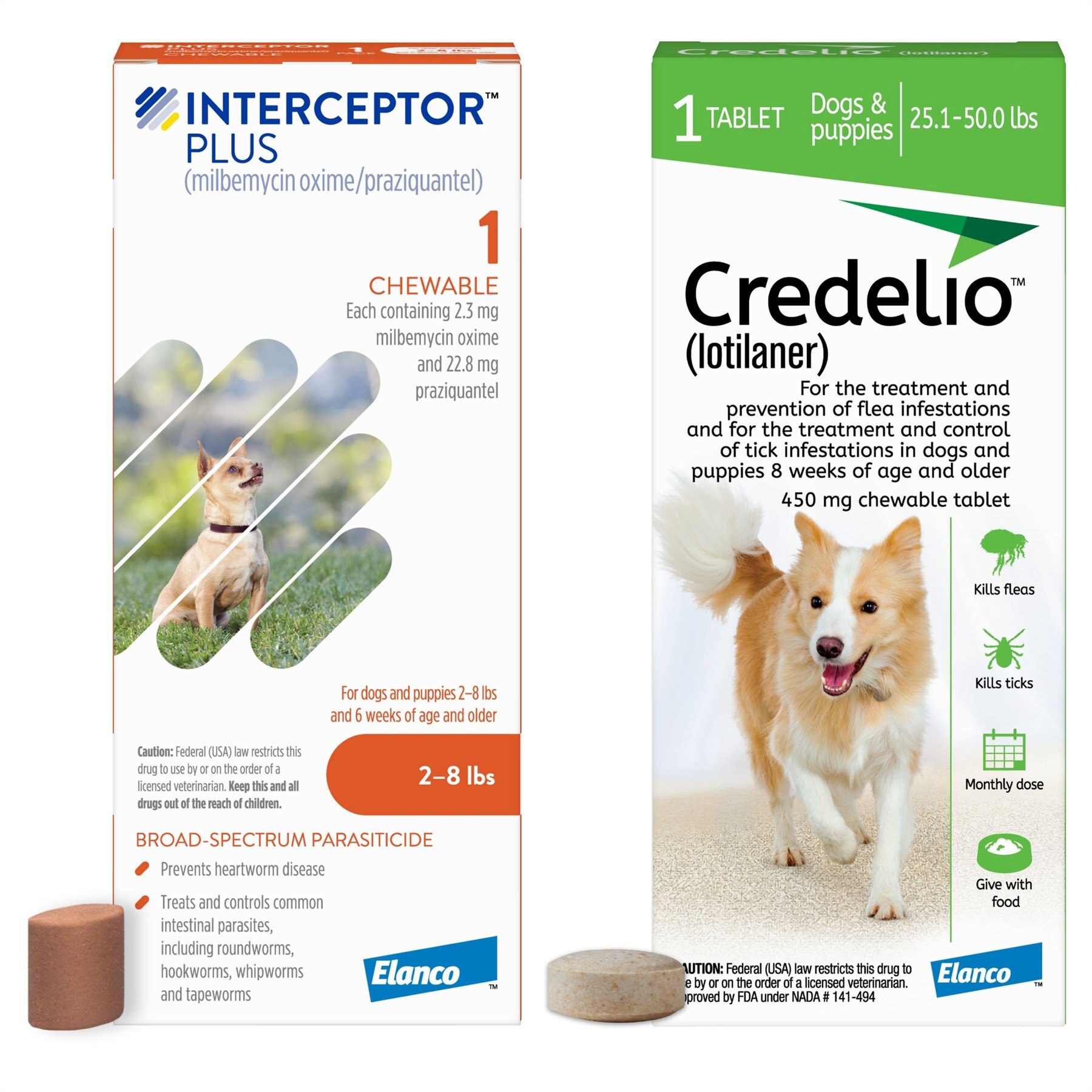 Interceptor Plus Chew, 2-8 lbs, (Orange Box), 1 Chew (1-mo. supply) + Credelio Chewable Tablet for Dogs, 25.1-50 lbs, (Green Box), 1 Chewable Tablet (1-mo. supply)