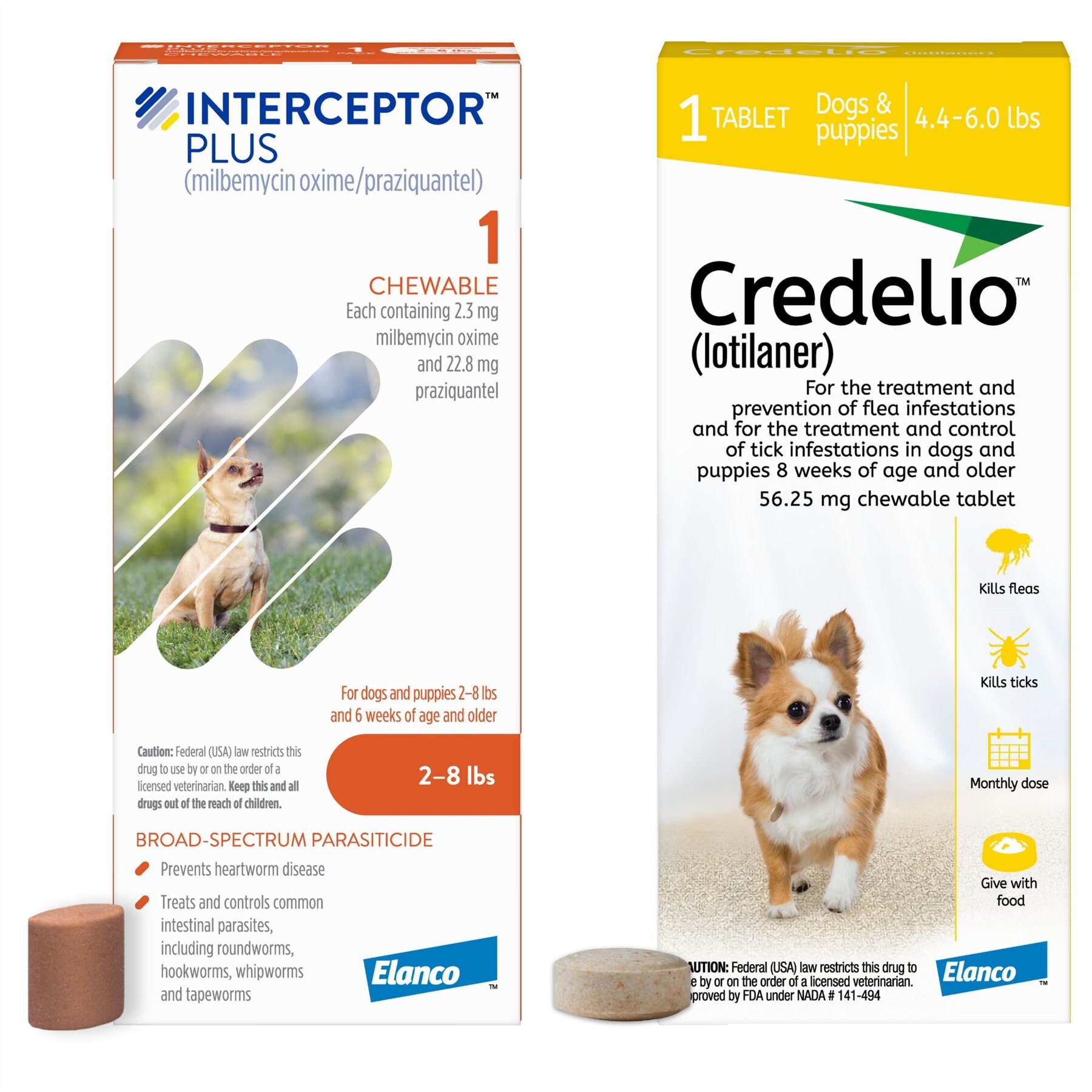 Interceptor Plus Chew, 2-8 lbs, (Orange Box), 1 Chew (1-mo. supply) + Credelio Chewable Tablet for Dogs, 4.4-6 lbs, (Yellow Box), 1 Chewable Tablet (1-mo. supply)