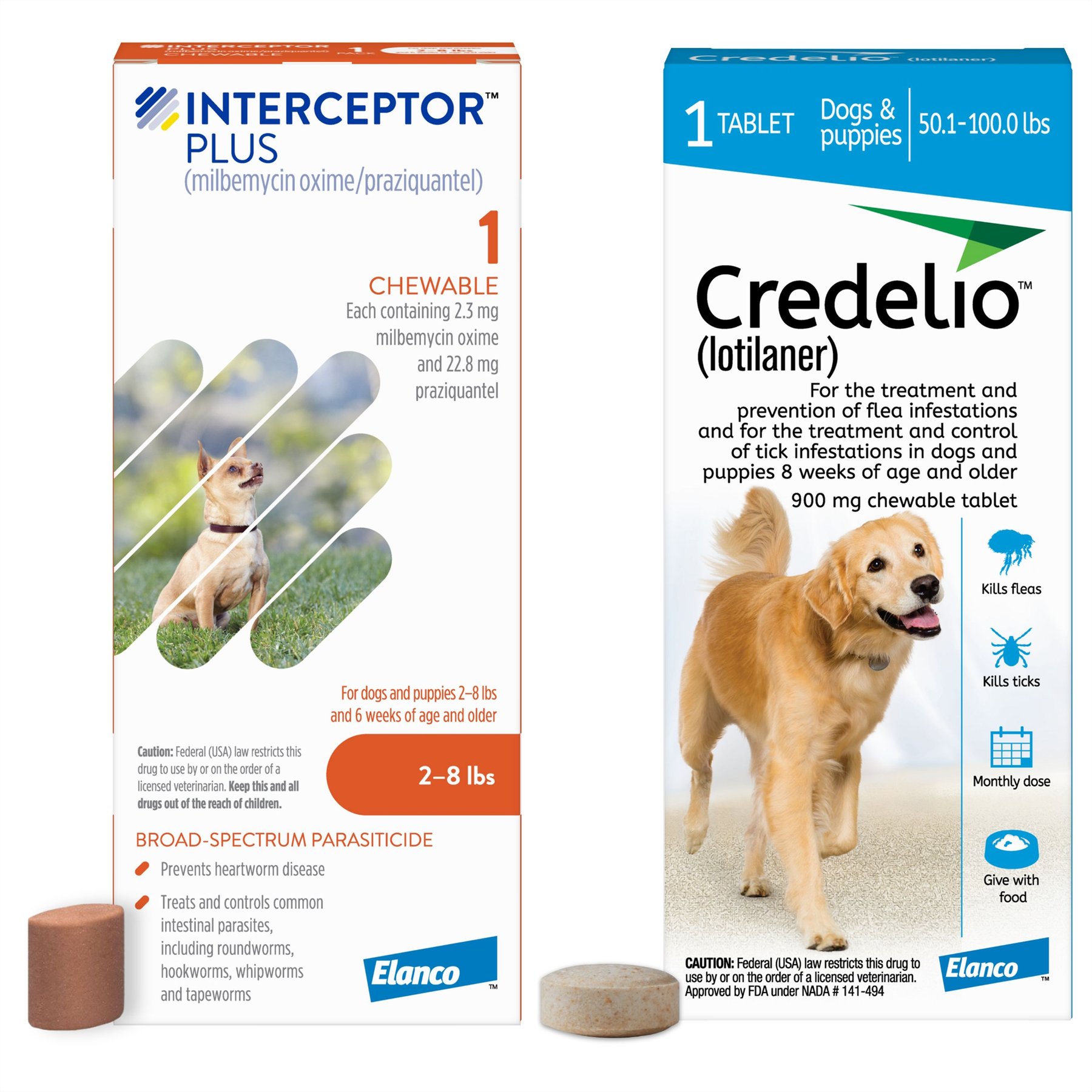Interceptor Plus Chew, 2-8 lbs, (Orange Box), 1 Chew (1-mo. supply) + Credelio Chewable Tablet for Dogs, 50.1-100 lbs, (Blue Box), 1 Chewable Tablet (1-mo. supply)
