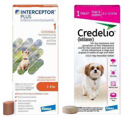Show full view: Interceptor Plus Chew, 2-8 lbs, (Orange Box), 1 Chew (1-mo. supply) + Credelio Chewable Tablet for Dogs, 6.1-12 lbs, (Pink Box), 1 Chewable Tablet (1-mo. supply) slide 1 of 9
