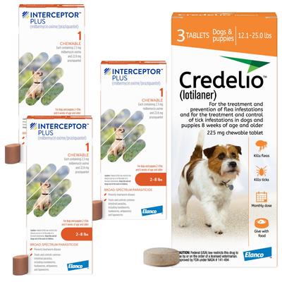 Show full view: Interceptor Plus Chew, 2-8 lbs, (Orange Box), 3 Chew (3-mo. supply) + Credelio Chewable Tablet for Dogs, 12.1-25 lbs, (Orange Box), 3 Chewable Tablets (3-mos. supply) slide 1 of 9