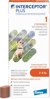 Show full view: Interceptor Plus Chew, 2-8 lbs, (Orange Box), 3 Chew (3-mo. supply) + Credelio Chewable Tablet for Dogs, 12.1-25 lbs, (Orange Box), 3 Chewable Tablets (3-mos. supply) slide 2 of 9
