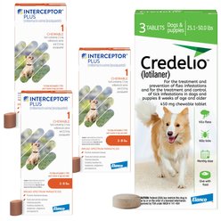 Interceptor Plus Chew, 2-8 lbs, (Orange Box), 3 Chew (3-mo. supply) + Credelio Chewable Tablet for Dogs, 25.1-50 lbs, (Green Box), 3 Chewable Tablets (3-mos. supply)