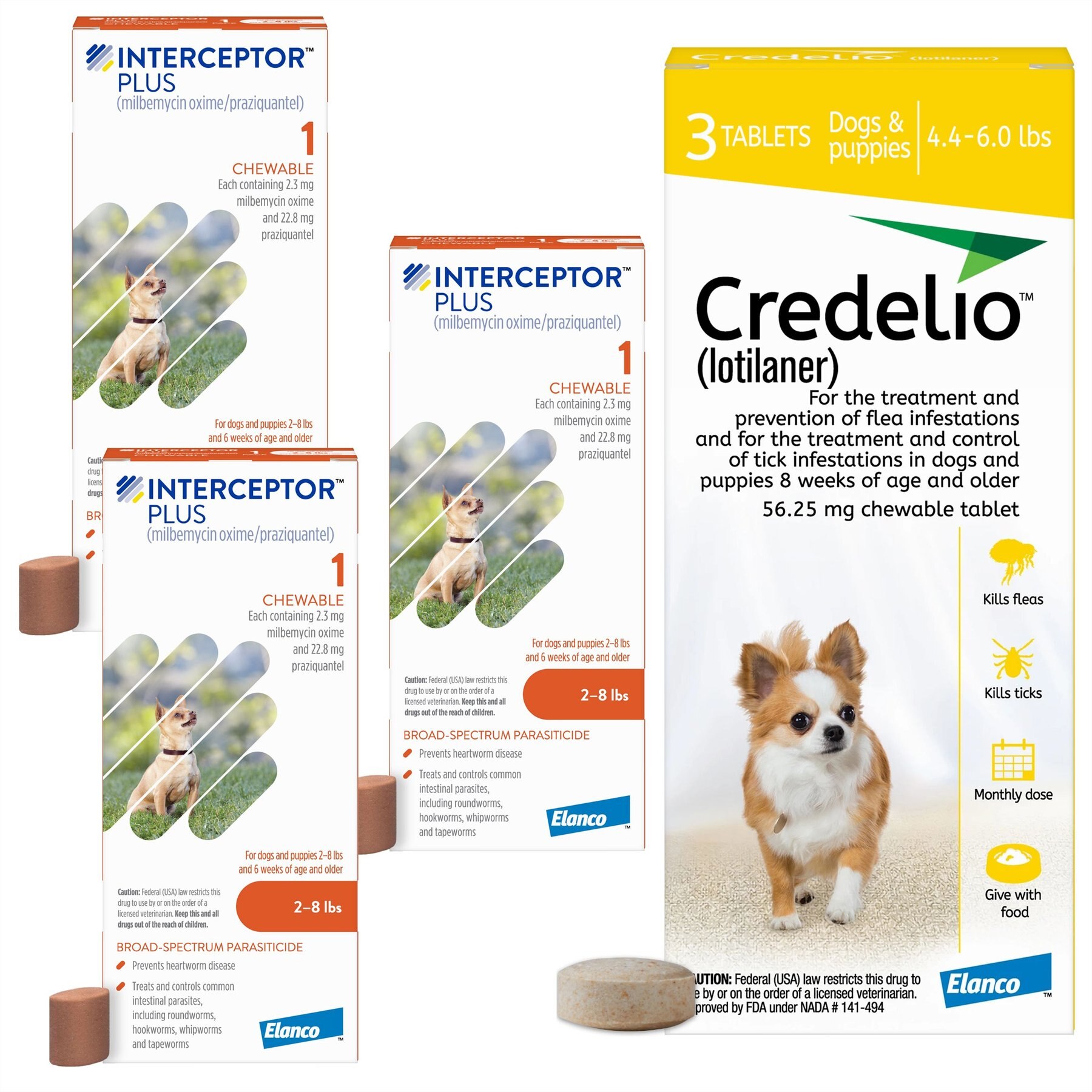 Interceptor Plus Chew, 2-8 lbs, (Orange Box), 3 Chew (3-mo. supply) + Credelio Chewable Tablet for Dogs, 4.4-6 lbs, (Yellow Box), 3 Chewable Tablets (3-mos. supply)