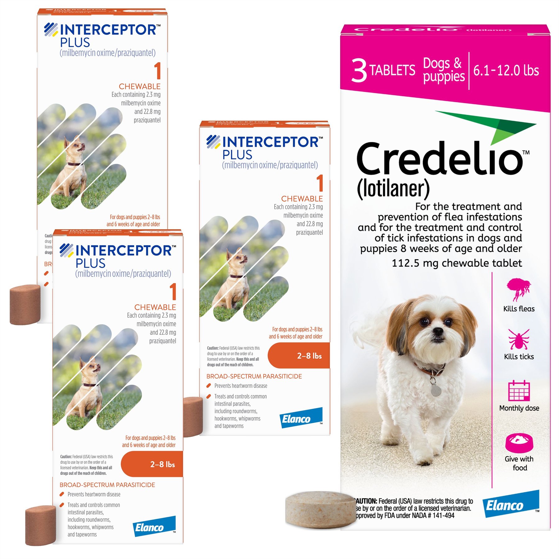Interceptor Plus Chew, 2-8 lbs, (Orange Box), 3 Chew (3-mo. supply) + Credelio Chewable Tablet for Dogs, 6.1-12 lbs, (Pink Box), 3 Chewable Tablets (3-mos. supply)