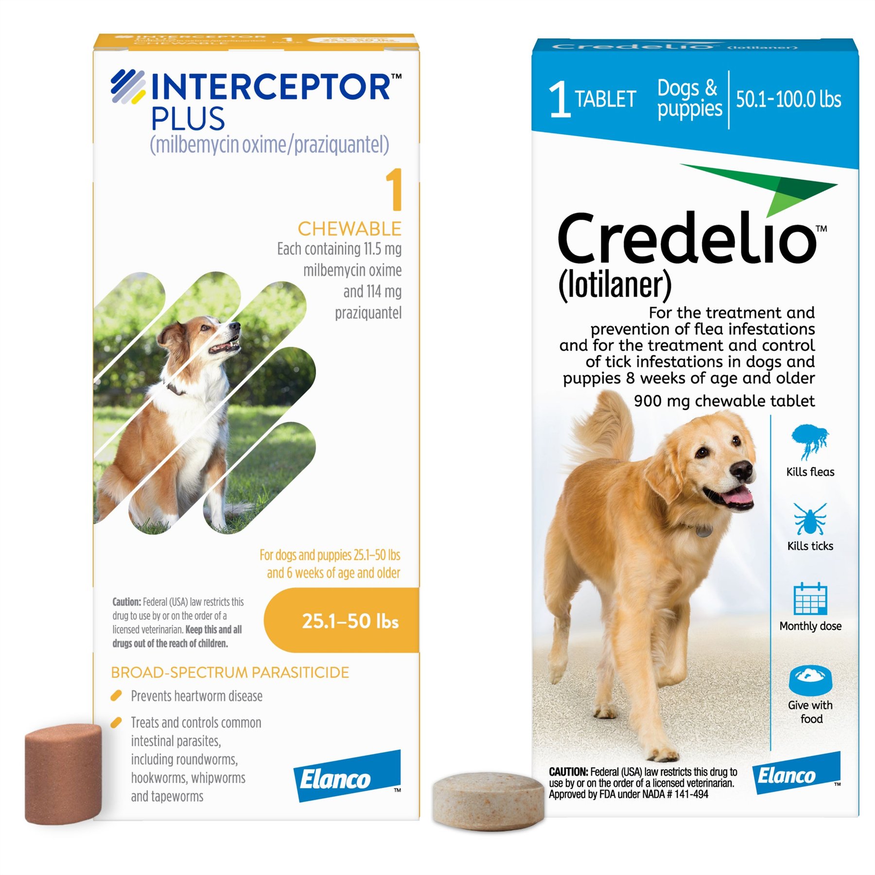 Interceptor Plus Chew, 25.1-50 lbs, (Yellow Box), 1 Chew (1-mo. supply) + Credelio Chewable Tablet for Dogs, 50.1-100 lbs, (Blue Box), 1 Chewable Tablet (1-mo. supply)