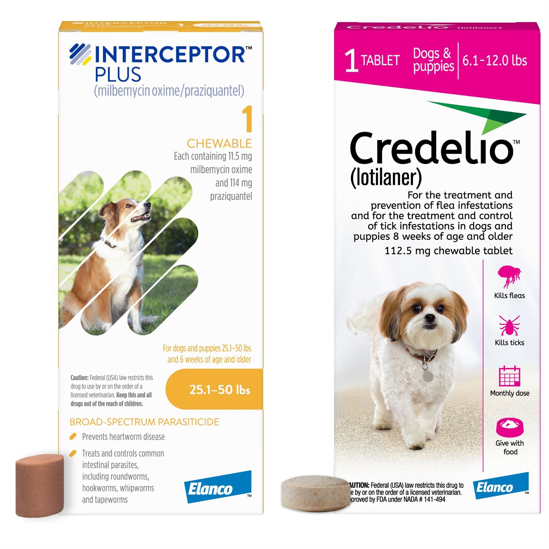 Interceptor Plus Chew, 25.1-50 lbs, (Yellow Box), 1 Chew (1-mo. supply) + Credelio Chewable Tablet for Dogs, 6.1-12 lbs, (Pink Box), 1 Chewable Tablet (1-mo. supply)