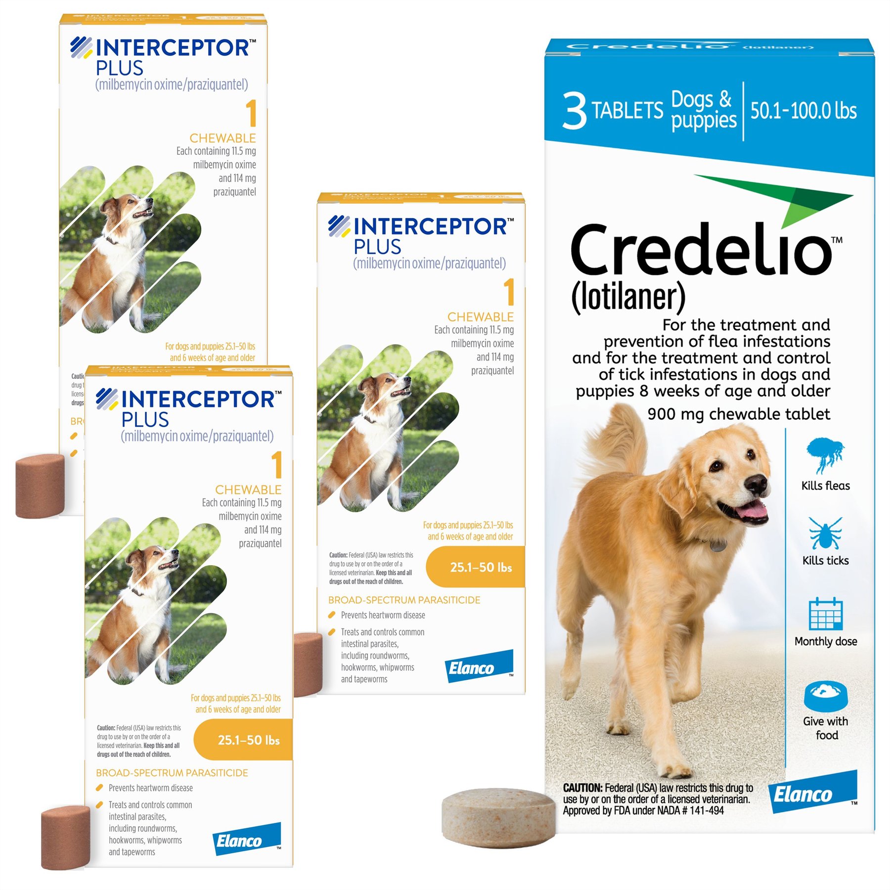 Interceptor Plus Chew, 25.1-50 lbs, (Yellow Box), 3 Chew (3-mo. supply) + Credelio Chewable Tablet for Dogs, 50.1-100 lbs, (Blue Box), 3 Chewable Tablets (3-mos. supply)