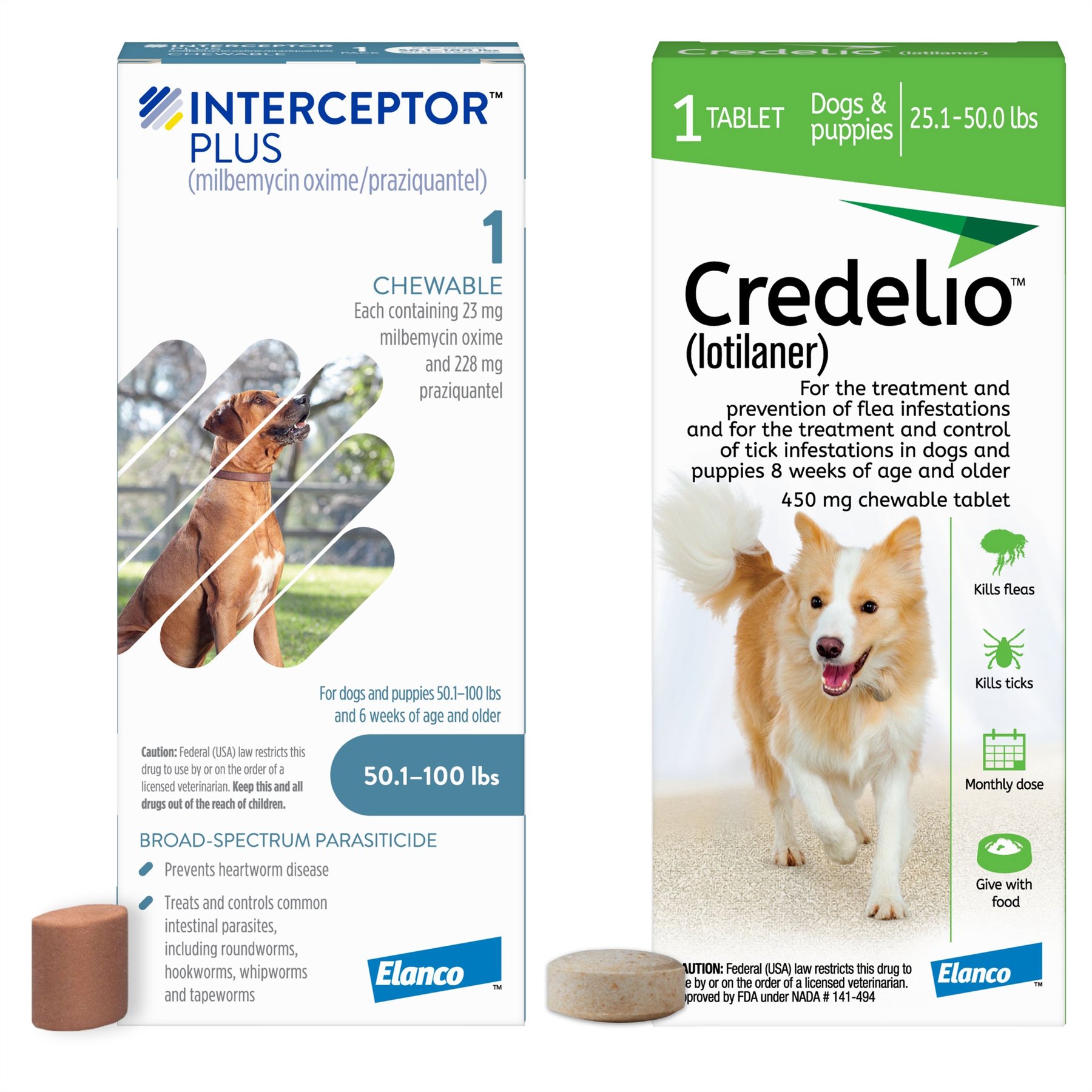 Interceptor Plus Chew, 50.1-100 lbs, (Blue Box), 1 Chew (1-mo. supply) + Credelio Chewable Tablet for Dogs, 25.1-50 lbs, (Green Box), 1 Chewable Tablet (1-mo. supply)