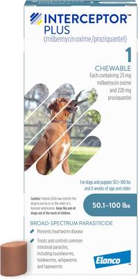 Show full view: Interceptor Plus Chew, 50.1-100 lbs, (Blue Box), 1 Chew (1-mo. supply) + Credelio Chewable Tablet for Dogs, 4.4-6 lbs, (Yellow Box), 1 Chewable Tablet (1-mo. supply) slide 2 of 9