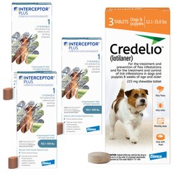 Interceptor Plus Chew, 50.1-100 lbs, (Blue Box), 3 Chew (3-mo. supply) + Credelio Chewable Tablet for Dogs, 12.1-25 lbs, (Orange Box), 3 Chewable Tablets (3-mos. supply)