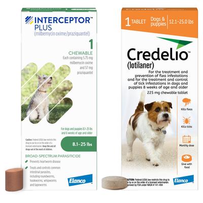 Show full view: Interceptor Plus Chew, 8.1-25 lbs, (Green Box), 1 Chew (1-mo. supply) + Credelio Chewable Tablet for Dogs, 12.1-25 lbs, (Orange Box), 1 Chewable Tablet (1-mo. supply) slide 1 of 9