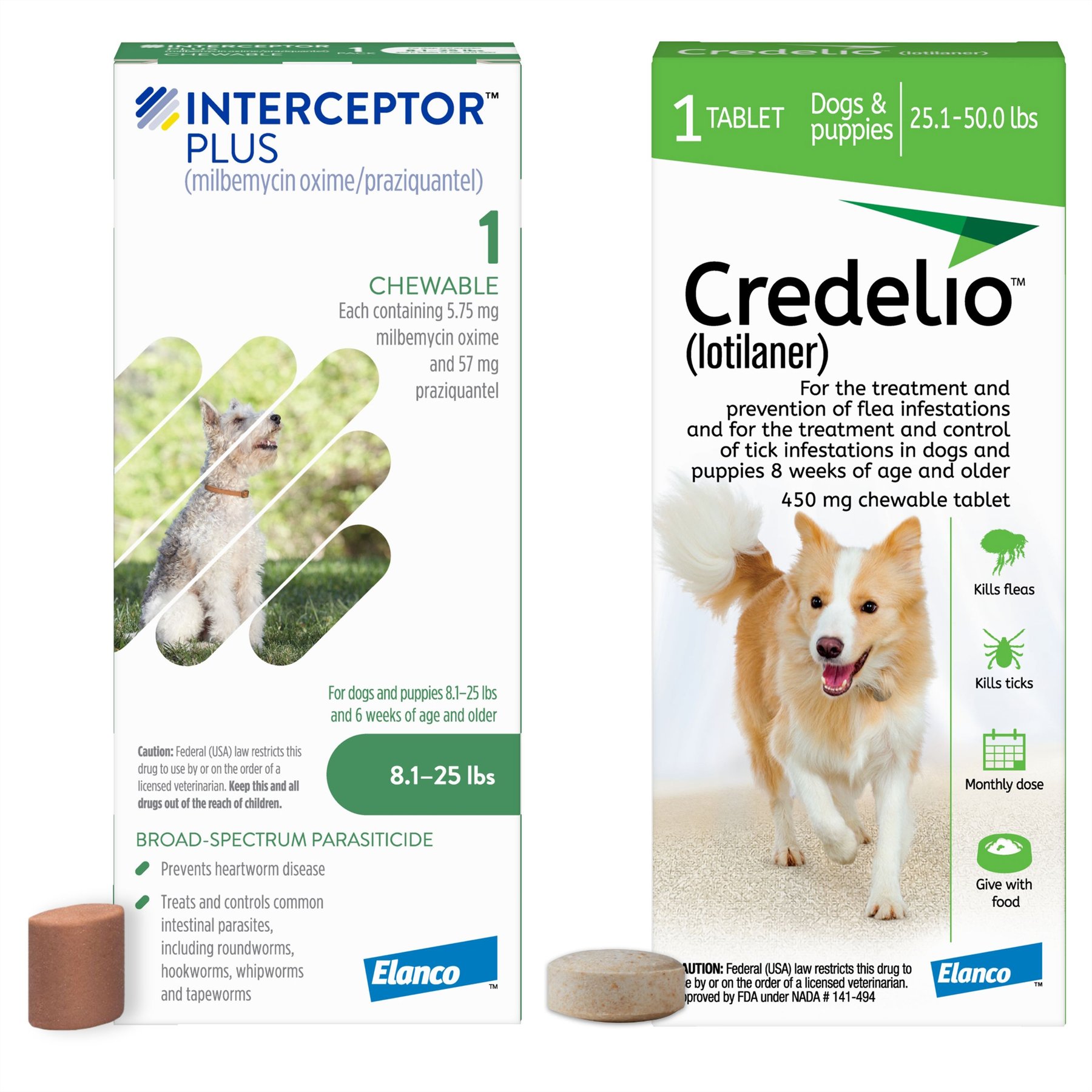 Interceptor Plus Chew, 8.1-25 lbs, (Green Box), 1 Chew (1-mo. supply) + Credelio Chewable Tablet for Dogs, 25.1-50 lbs, (Green Box), 1 Chewable Tablet (1-mo. supply)