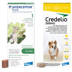 Interceptor Plus Chew, 8.1-25 lbs, (Green Box), 1 Chew (1-mo. supply) + Credelio Chewable Tablet for Dogs, 4.4-6 lbs, (Yellow Box), 1 Chewable Tablet (1-mo. supply)