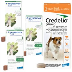 Interceptor Plus Chew, 8.1-25 lbs, (Green Box), 3 Chew (3-mo. supply) + Credelio Chewable Tablet for Dogs, 12.1-25 lbs, (Orange Box), 3 Chewable Tablets (3-mos. supply)