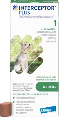 Show full view: Interceptor Plus Chew, 8.1-25 lbs, (Green Box), 3 Chew (3-mo. supply) + Credelio Chewable Tablet for Dogs, 12.1-25 lbs, (Orange Box), 3 Chewable Tablets (3-mos. supply) slide 2 of 9