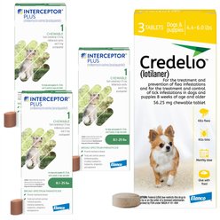 Interceptor Plus Chew, 8.1-25 lbs, (Green Box), 3 Chew (3-mo. supply) + Credelio Chewable Tablet for Dogs, 4.4-6 lbs, (Yellow Box), 3 Chewable Tablets (3-mos. supply) slide 1 of 9