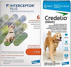 Interceptor Plus Chew for Dogs, 2-8 lbs, (Orange Box), 6 Chews (6-mos. supply) & Credelio Chewable Tablet for Dogs, 50.1-100 lbs, (Blue Box), 6 Chewable Tablets (6-mos. supply)