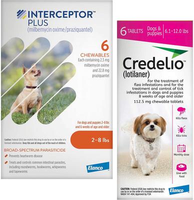 Show full view: Interceptor Plus Chew for Dogs, 2-8 lbs, (Orange Box), 6 Chews (6-mos. supply) & Credelio Chewable Tablet for Dogs, 6.1-12 lbs, (Pink Box), 6 Chewable Tablets (6-mos. supply) slide 1 of 10