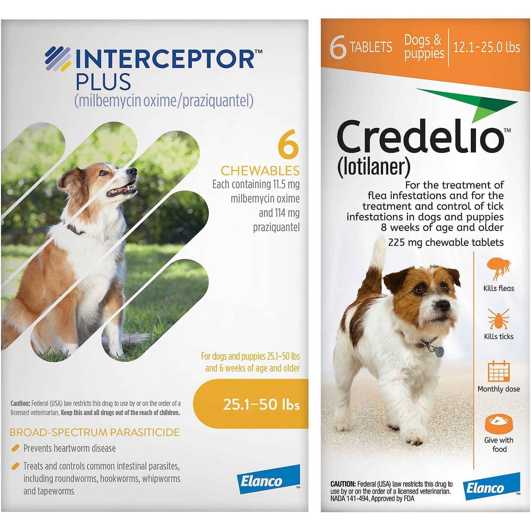 Interceptor Plus Chew for Dogs, 25.1-50 lbs, (Yellow Box), 6 Chews (6-mos. supply) & Credelio Chewable Tablet for Dogs, 12.1-25 lbs, (Orange Box), 6 Chewable Tablets (6-mos. supply)