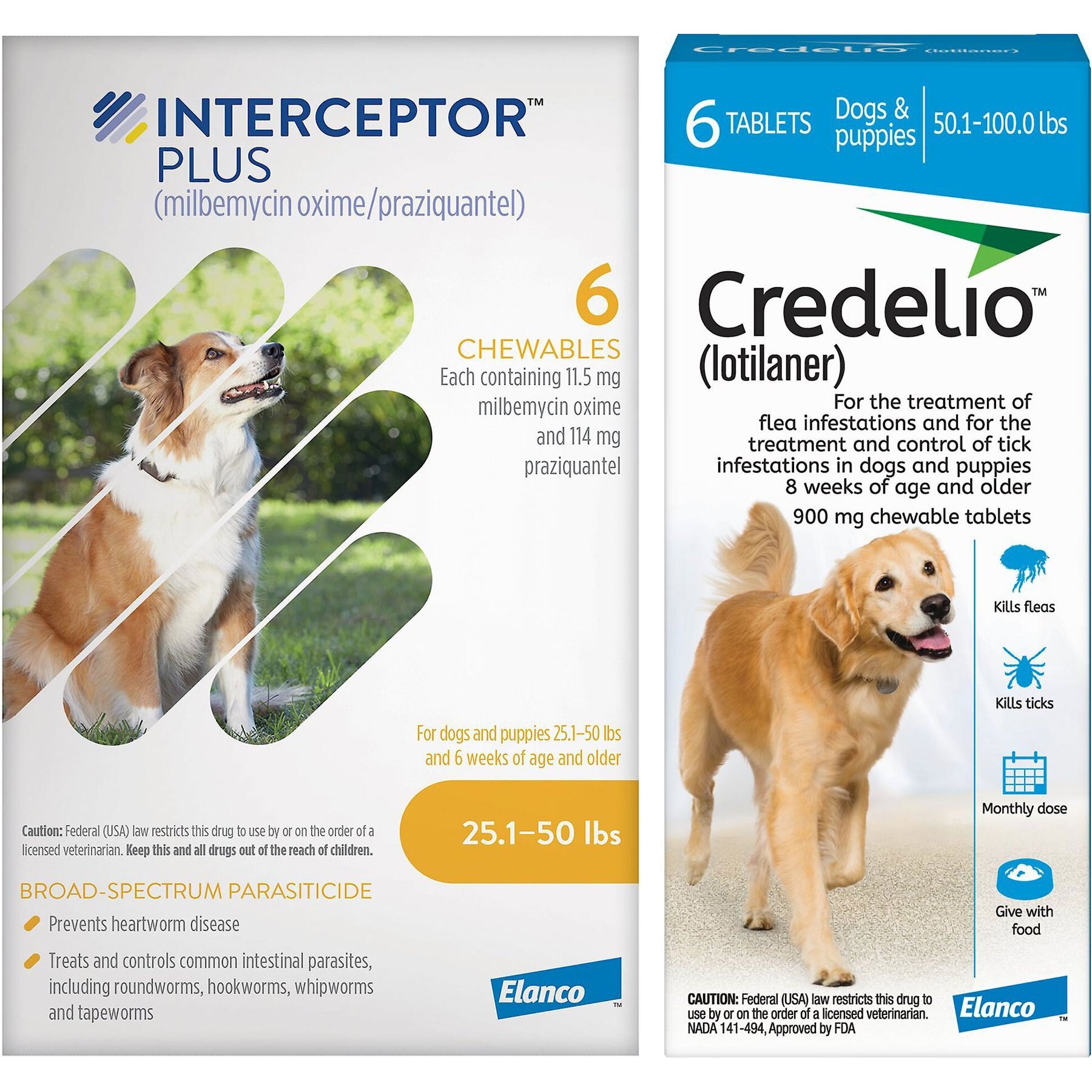 Interceptor Plus Chew for Dogs, 25.1-50 lbs, (Yellow Box), 6 Chews (6-mos. supply) & Credelio Chewable Tablet for Dogs, 50.1-100 lbs, (Blue Box), 6 Chewable Tablets (6-mos. supply)