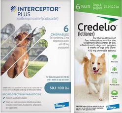 Interceptor Plus Chew for Dogs, 50.1-100 lbs, (Blue Box), 6 Chews (6-mos. supply) & Credelio Chewable Tablet for Dogs, 25.1-50 lbs, (Green Box), 6 Chewable Tablets (6-mos. supply)