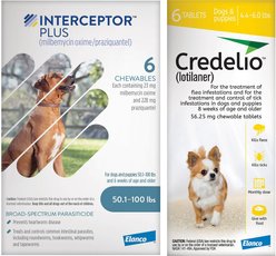 Interceptor Plus Chew for Dogs, 50.1-100 lbs, (Blue Box), 6 Chews (6-mos. supply) & Credelio Chewable Tablet for Dogs, 4.4-6 lbs, (Yellow Box), 6 Chewable Tablets (6-mos. supply)