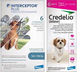 Interceptor Plus Chew for Dogs, 50.1-100 lbs, (Blue Box), 6 Chews (6-mos. supply) & Credelio Chewable Tablet for Dogs, 6.1-12 lbs, (Pink Box), 6 Chewable Tablets (6-mos. supply)