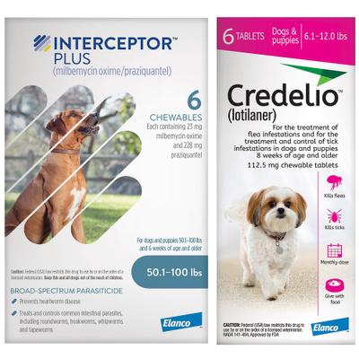 Show full view: Interceptor Plus Chew for Dogs, 50.1-100 lbs, (Blue Box), 6 Chews (6-mos. supply) & Credelio Chewable Tablet for Dogs, 6.1-12 lbs, (Pink Box), 6 Chewable Tablets (6-mos. supply) slide 1 of 10