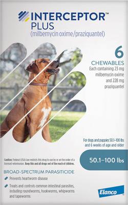 Show full view: Interceptor Plus Chew for Dogs, 50.1-100 lbs, (Blue Box), 6 Chews (6-mos. supply) & Credelio Chewable Tablet for Dogs, 6.1-12 lbs, (Pink Box), 6 Chewable Tablets (6-mos. supply) slide 2 of 10