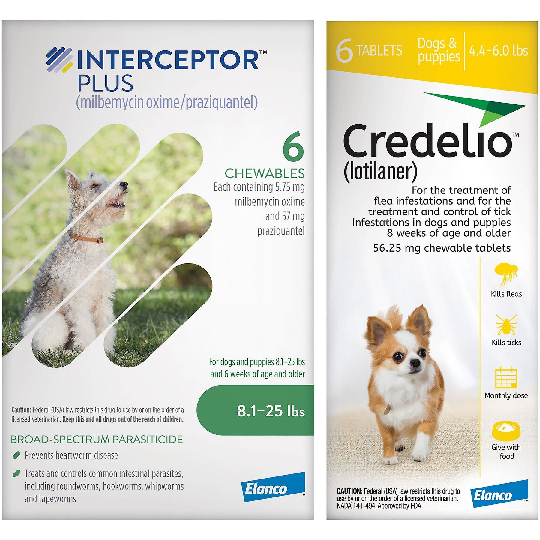 Interceptor Plus Chew for Dogs, 8.1-25 lbs, (Green Box), 6 Chews (6-mos. supply) & Credelio Chewable Tablet for Dogs, 4.4-6 lbs, (Yellow Box), 6 Chewable Tablets (6-mos. supply)