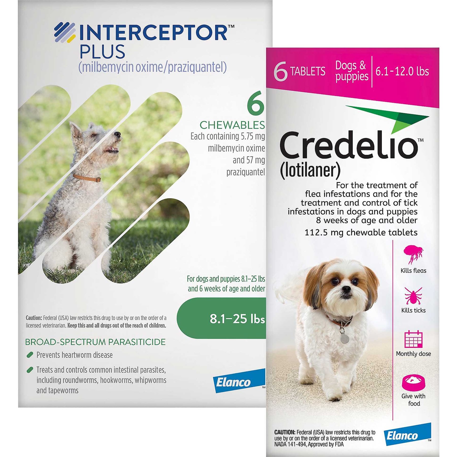 Interceptor Plus Chew for Dogs, 8.1-25 lbs, (Green Box), 6 Chews (6-mos. supply) & Credelio Chewable Tablet for Dogs, 6.1-12 lbs, (Pink Box), 6 Chewable Tablets (6-mos. supply)