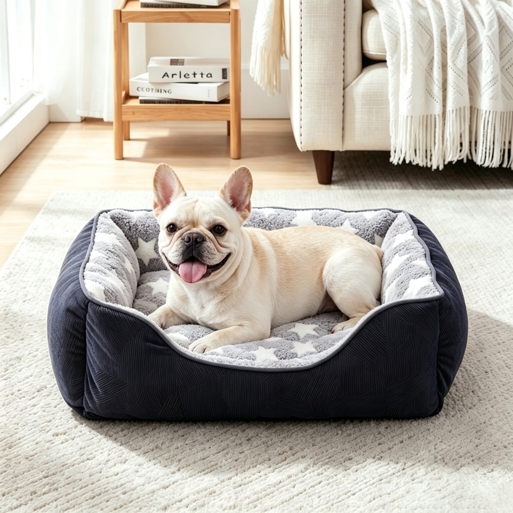 Invenho Star Pattern Calming Washable Sofa Bolster Dog & Cat Bed with Non-Slip Bottom, Dark Grey, 30-in