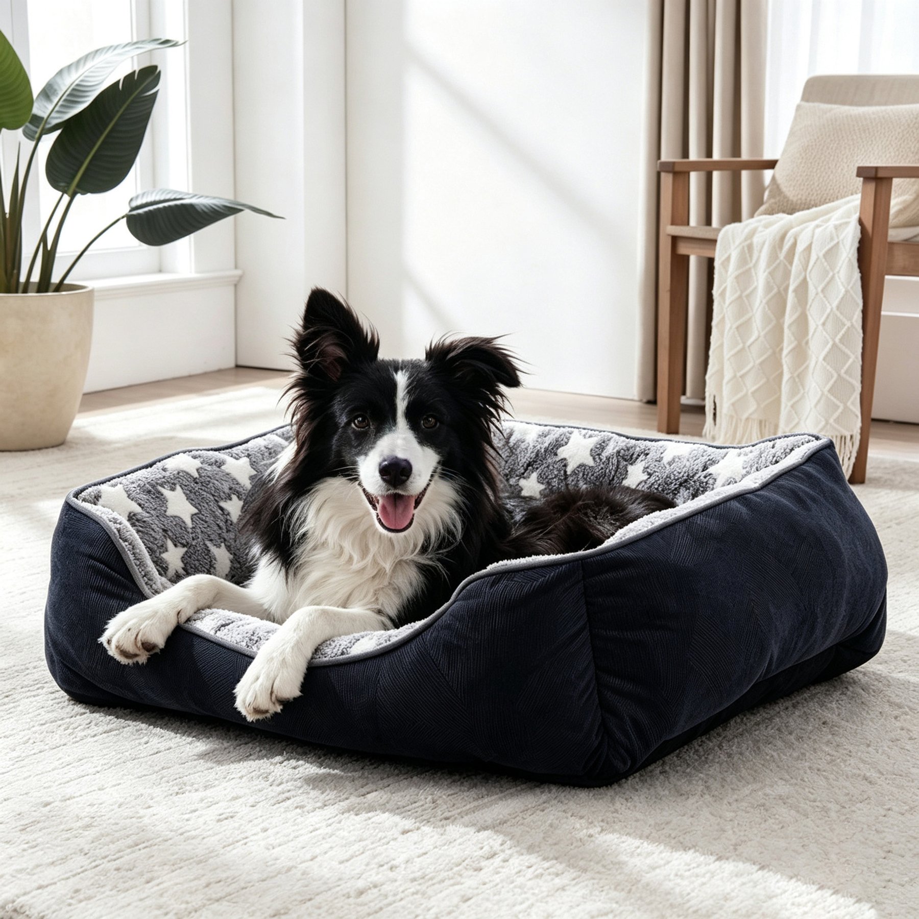 Invenho Star Pattern Calming Washable Sofa Bolster Dog & Cat Bed with Non-Slip Bottom, Dark Grey, 35-in